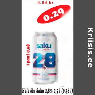 Allahindlus - Hele õlu Saku 2,8%, 0,5l