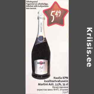 Allahindlus - Itaalia KPN kvalitetvahuvein Martini Asti, 7,5%, 75 cl