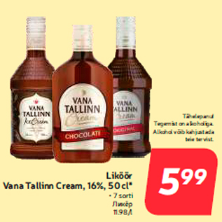 Allahindlus - Liköör Vana Tallinn Cream, 16%, 50 cl*