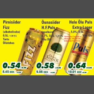 Allahindlus - Pirnisiider Fizz Õunasiider H.F.Puls Hele Õlu Puls Extra Lager