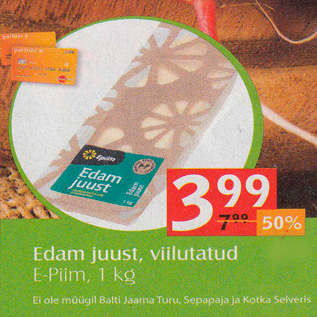 Allahindlus - Edam juust, viilutatud E-Piim, 1 kg