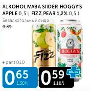 Allahindlus - ALKOHOLIVABA SIIDER HOGGYS APPLE 0,5 L, FIZE PEAR 1,2%, 0,5 L