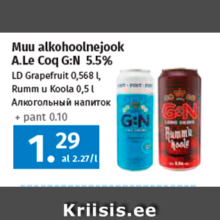 Allahindlus - Muu alkohoolnejook A.Le Coq G:N 5.5%