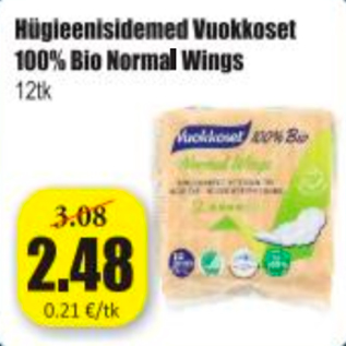 Allahindlus - Hügieenisidemed Vuokkoset 100% Bio Normal Wings 12 tk