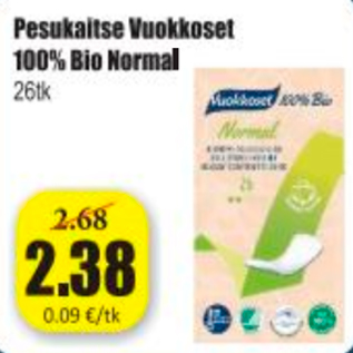 Скидка - Прокладки Vuokkoset 100% Bio Normal 26 шт