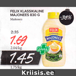 Allahindlus - FELIX KLASSIKALINE MAJONEES 830 G