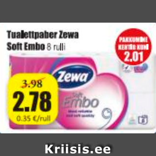 Allahindlus - Tualettpaber Zewa Soft Embo 8 rull