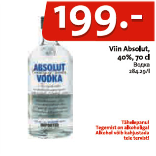 Allahindlus - Viin Absolut, 40%, 70 cl