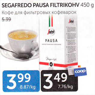 Allahindlus - SEGAFREDO PAUSA FILTRIKOHV 450 g