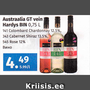 Allahindlus - Austraalia GT vein Hardys BIN 0,75 L