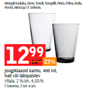 Allahindlus - Joogiklaasid Kartlo, 400 ml, hall või labipalstev Iittala, 2 tk/pk