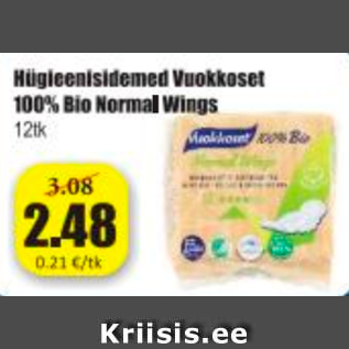 Allahindlus - Hügieenisidemed Vuokkoset 100% Bio Normal Winds 12 tk