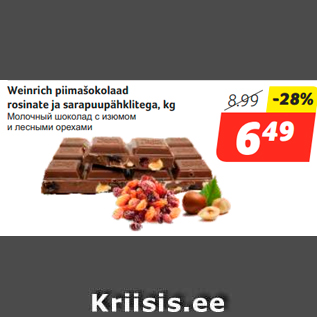 Allahindlus - Weinrich piimašokolaad rosinate ja sarapuupähklitega, kg