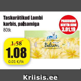 Allahindlus - Taskurätikud Lambi karbis, palsamiga 80 tk