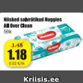 Allahindlus - Niisked salvrätikud Huggies All Over Clean 56 tk