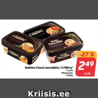 Allahindlus - Balbiino Classic koorejäätis, 1 l/480 g*