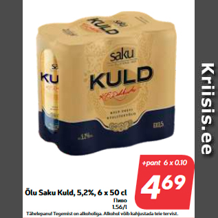 Allahindlus - Õlu Saku Kuld, 5,2%, 6 x 50 cl