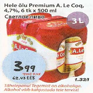 Allahindlus - Hele õlu Premium A.Le Coq