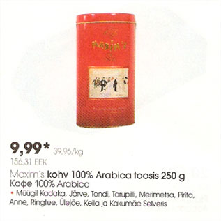 Allahindlus - Maxim`s kohv 100% Arabica toosis