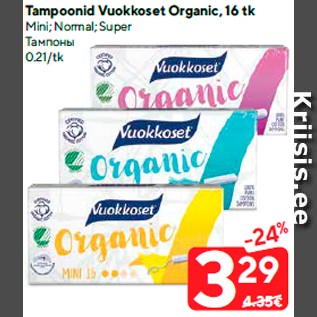 Allahindlus - Tampoonid Vuokkoset Organic, 16 tk