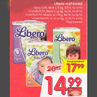 Allahindlus - Libero mähkmed .Babu Soft,Midi 5-8kg,88tk/0,17/tk .Comfort Fit,Maxi 7-14kg,84tk/0,18/tk .Comfort Fit, Maxi+ 10-16kg, 80tk/0,19/tk .Cjmfort Fit,xl 12-22kg, 72tk/0,21/tk