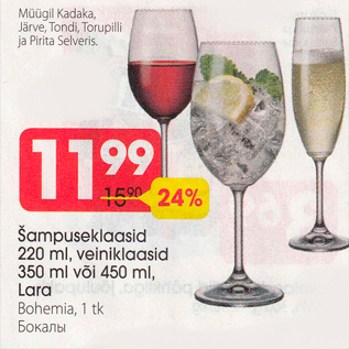 Allahindlus - Šampuseklaasid 220 ml, veiniklaasid 350 ml või 450 ml, Lara Bohemia, 1 tk
