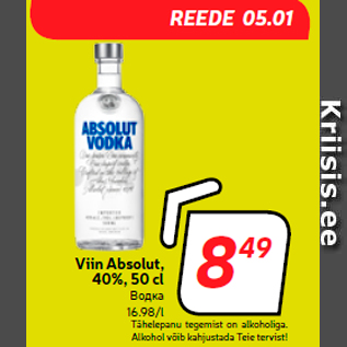 Allahindlus - Viin Absolut, 40%, 50 cl