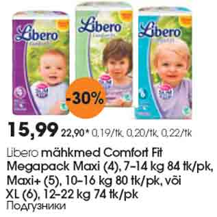 Allahindlus - Libero mähkmed Comfort Fit Megapack Maxi (4), 7–14 kg 84 tk/pk, Maxi+ (5), 10–16 kg 80 tk/pk, või XL (6), 12–22 kg 74 tk/pk