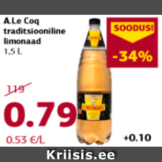 Allahindlus - A.Le Coq traditsiooniline limonaad 1,5 L