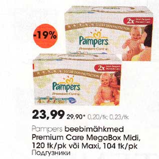 Allahindlus - Pampers beebimähkmed Premium Care MegaBox Midi, 120tk/pk või Maxi, 104 tk/pk