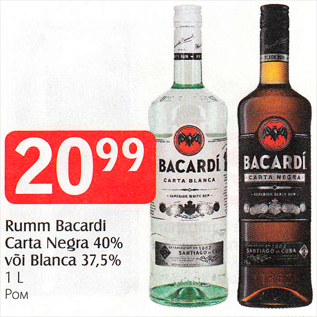 Allahindlus - Rumm Bacardi Carta Negra 40% või Blanca 37,5% 1 L