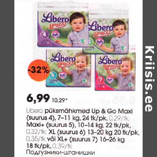 Allahindlus - Libero püksmähkmed Up & Gо Maxi (suurus 4), 7-1lkg, 24 tk/pk, 0,29/tk;Maxi+ (suurus 5), l0-14 kg, 22tk/pk, 0.32/tk; XL (suurus 6) l3-20 kg 20 tk/pk,0,35/tk või XL+ (suurus 7)l6-26 kg l8 tk/pk,0.39/tk