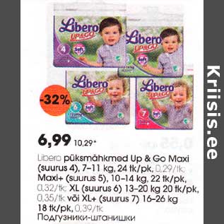 Allahindlus - Libero püksmähkmed Up & Gо Maxi (suurus 4), 7-1lkg, 24 tk/pk, 0,29/tk;Maxi+ (suurus 5), l0-14 kg, 22tk/pk, 0.32/tk; XL (suurus 6) l3-20 kg 20 tk/pk,0,35/tk või XL+ (suurus 7)l6-26 kg l8 tk/pk,0.39/tk