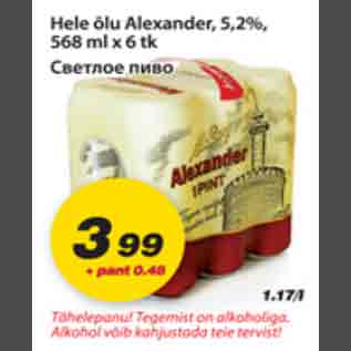 Allahindlus - Hele õlu Alexander, 2,5% 568ml x 6tk