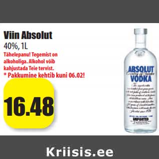 Allahindlus - Viin Absolut 40%, 1L