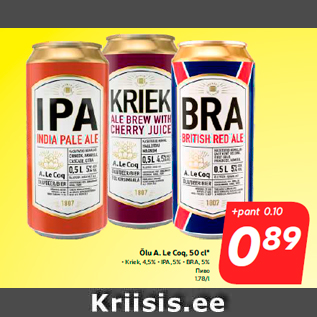 Allahindlus - Õlu A. Le Coq, 50 cl* • Kriek, 4,5% • IPA, 5% • BRA, 5%
