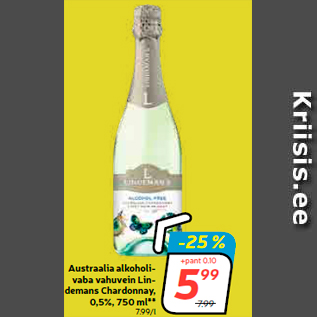 Allahindlus - Austraalia alkoholivaba vahuvein Lindemans Chardonnay, 0,5%, 750 ml**