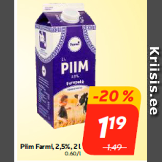 Скидка - Молоко Farmi, 2,5%, 2 л