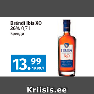 Allahindlus - Brändi Ibis XO 36% 0,7 l