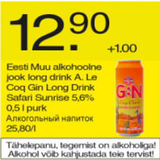 Allahindlus - Eesti Muu alkohoolne jook long drink A.Le Coq Gin Long Drink Safari Sunrise