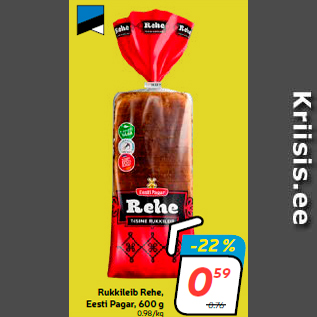 Allahindlus - Rukkileib Rehe, Eesti Pagar, 600 g