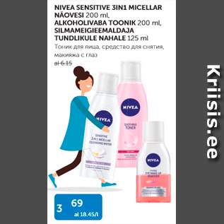 Allahindlus - NIVEA SENSITIVE 3IN1 MICELLAR NÄOVESI 200 ml, ALKOHOLIVABA TOONIK 200 ml, SILMAMEIGIEEMALDAJA TUNDLIKULE NAHALE 125 ml