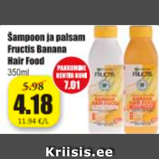 Allahindlus - Šampoon ja palsam Fructis Banana Hair Food 350 ml
