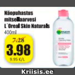 Allahindlus - Näopuhastus mitsellaarvesi L´Oreal Skin Naturals 400 ml