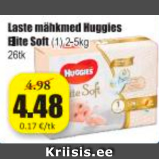 Allahindlus - Laste mähkmed Huggies Elite Soft