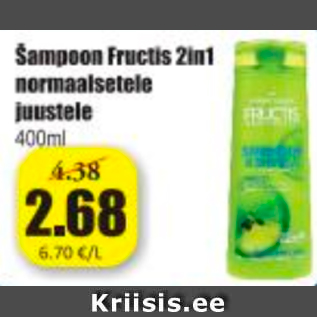Allahindlus - Šampoon Fructis 2in1 normaalsetele juustele 400 ml