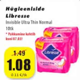 Allahindlus - Hügieeniside Libresse Invisible Ultra Tgin Normal, 10 tk