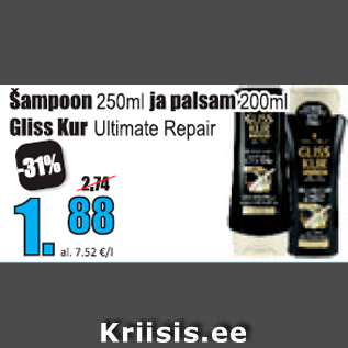 Allahindlus - Šampoon 250 ml ja palsam 200 ml Gliss Kur Ultimate Repair