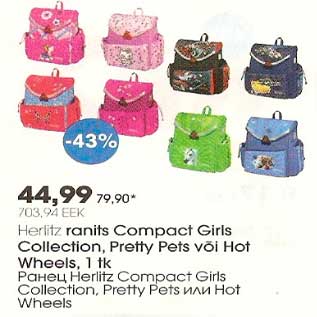 Allahindlus - Herlitz ranits Compact Girls Collection, Pretty Pets või Hot Wheels