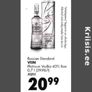 Allahindlus - Russian Standard VIIN Platinum Vodka 40%, Bax 0,7 l